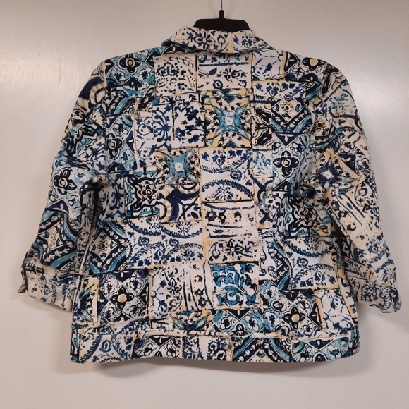 Chico's Size 2 Button Up Blazer Jacket Blue White Medallion 3/4 Sleeve Sz L Arts - Picture 3 of 14